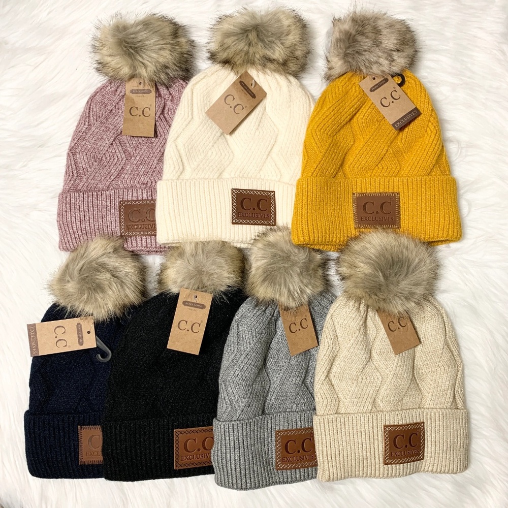 C.C Beanies Zig Zag Knit (Inner Lining) Pom Beanie for Adults, Winter Cozy Hats